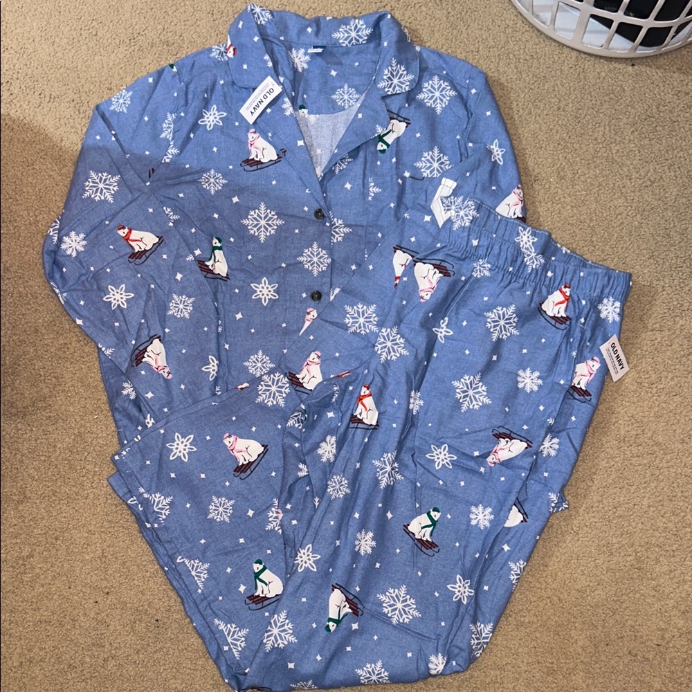 Old Navy Blue Pajama Set with Snowman and Snowflake Pattern